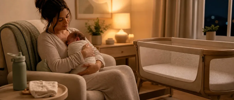 Exhausted parent sitting beside a bassinet at night with a safely swaddled newborn and soft nursery light.