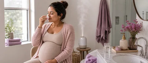 Pregnant person calmly holding a tissue near the nose in a bright bathroom with a humidifier and water nearby.