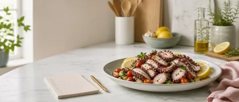 Fully cooked sliced octopus with lemon and vegetables on a clean kitchen counter.