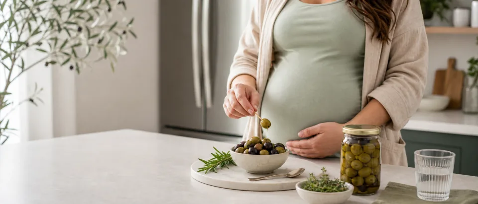Bowl of green and black olives with a sealed jar and clean spoon on a calm kitchen counter.