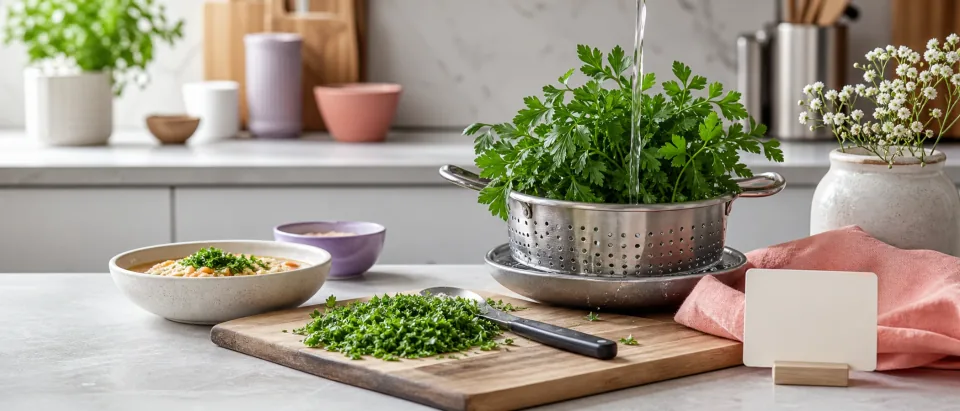 Fresh parsley being rinsed with chopped herbs and a blank herb label card on a calm kitchen counter.
