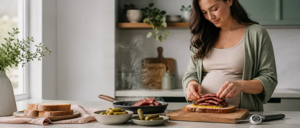 Hot pastrami sandwich being assembled after heating on a calm kitchen counter.