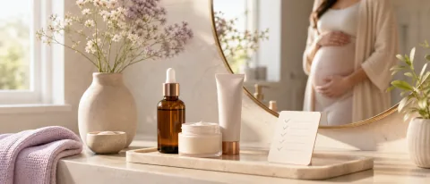 Calm bathroom skincare shelf with a Korean serum bottle, ingredient checklist, and pregnancy-safe product question.