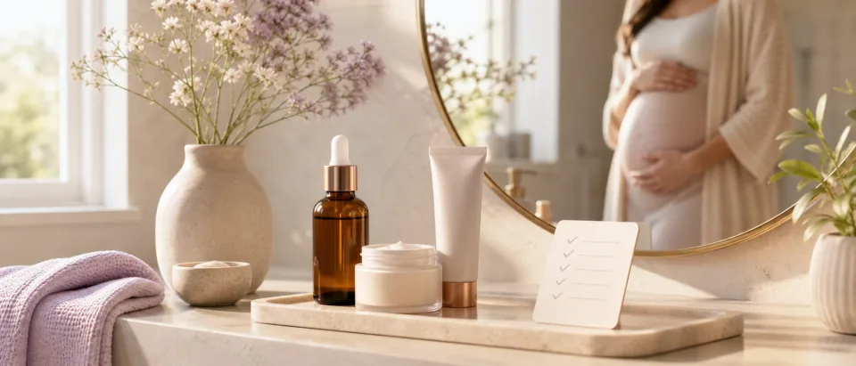 Calm bathroom skincare shelf with a Korean serum bottle, ingredient checklist, and pregnancy-safe product question.