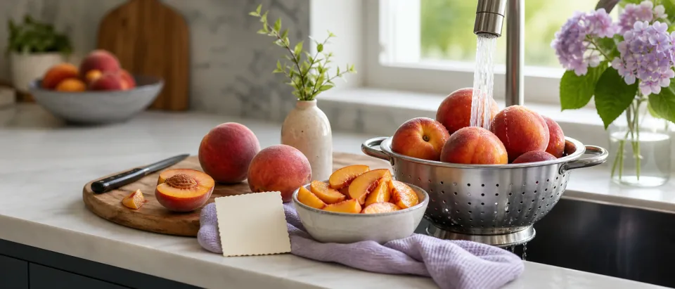 Washed whole peaches and sliced peach wedges on a calm kitchen counter.