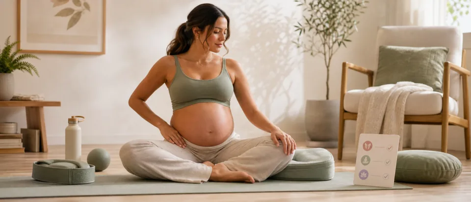 Pregnant person using a support pillow and gentle movement guide in a calm room.