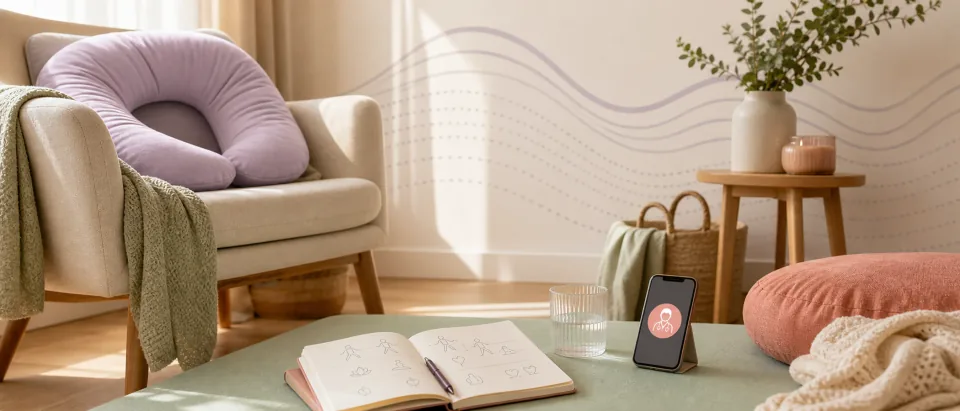 Calm maternity room with a support pillow, journal, water glass, and soft abstract pressure pattern for pelvic pressure during pregnancy.