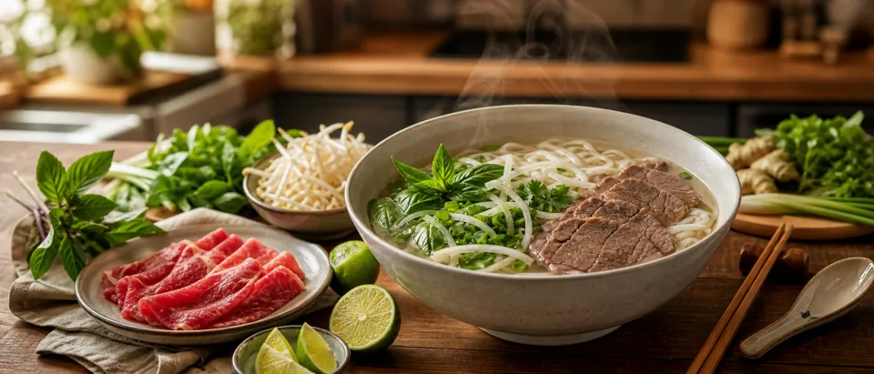 Editorial bowl of pho with hot broth, beef slices, herbs, lime, and sprouts served separately.