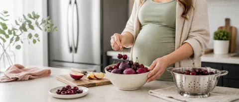 Washed plums and cherries in a bowl and colander on a clean kitchen counter.