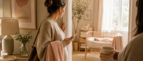 Postpartum parent by a doorway holding phone with baby monitor glow and soft supportive home scene.