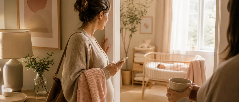 Postpartum parent by a doorway holding phone with baby monitor glow and soft supportive home scene.