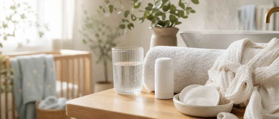 Calm postpartum bathroom and nursery still life with towel, water glass, nursing pads, deodorant container, and baby blanket.