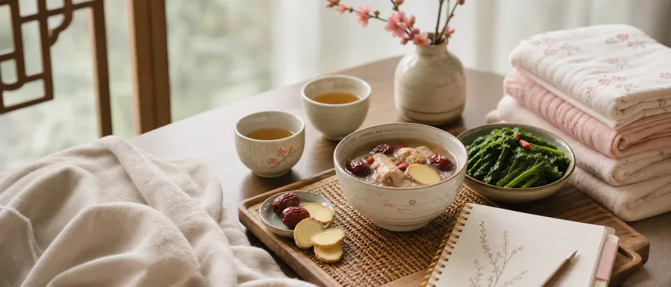 Warm postpartum recovery scene with Chinese-style soup, ginger, red dates, greens, tea, blankets, and a 30-day support notebook.