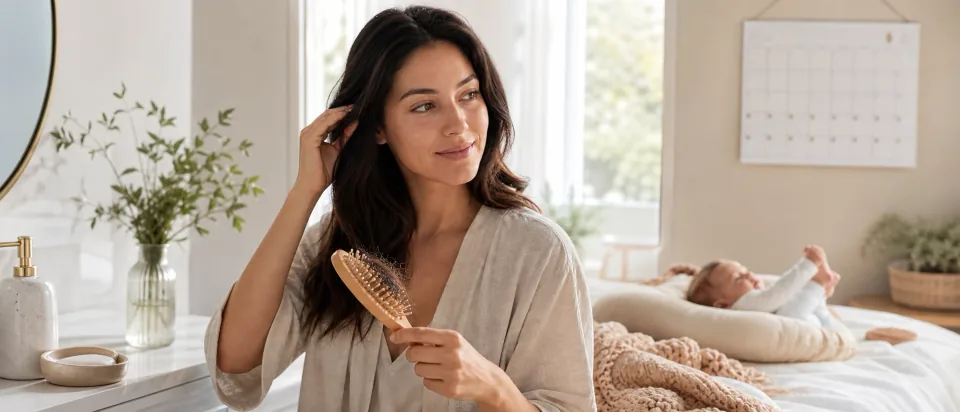 Postpartum parent holding a hairbrush in a calm bedroom while a baby rests nearby.