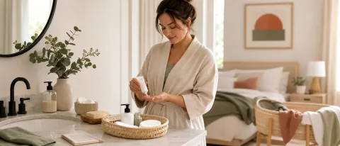 Calm postpartum recovery bathroom scene with moisturizer, cotton pads, towel, and symptom-tracking notebook.