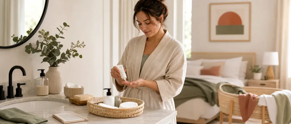 Calm postpartum recovery bathroom scene with moisturizer, cotton pads, towel, and symptom-tracking notebook.