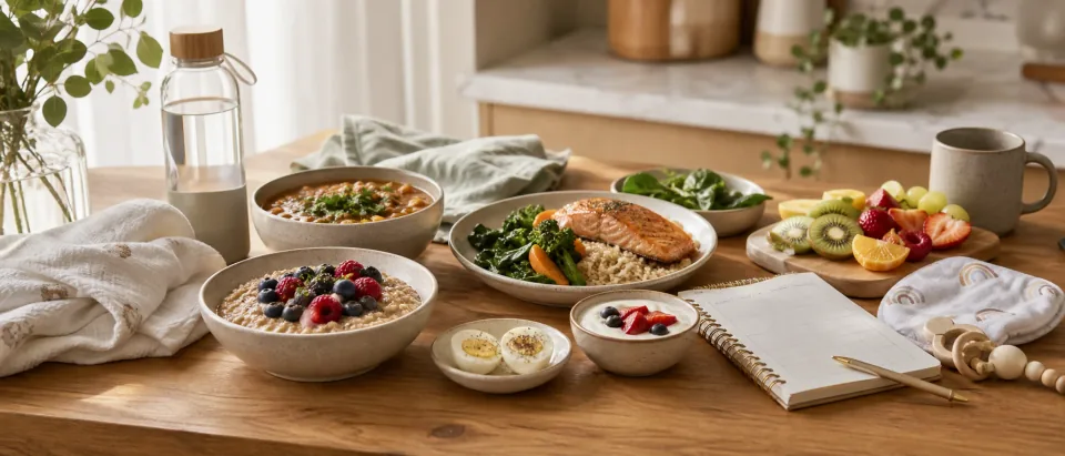 Warm postpartum meal-prep table with oatmeal, lentil soup, salmon rice, eggs, fruit, greens, water, baby cloths, and a weekly meal plan notebook.