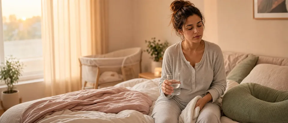 Postpartum mother sitting calmly at dawn with a water glass in a soft bedroom.
