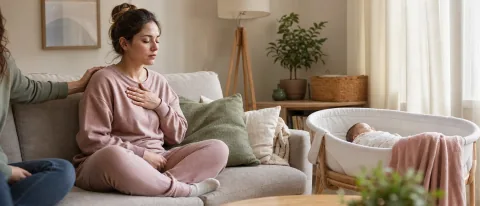 Calm Doola Learn postpartum scene with a parent stepping aside beside a crib and support phone.