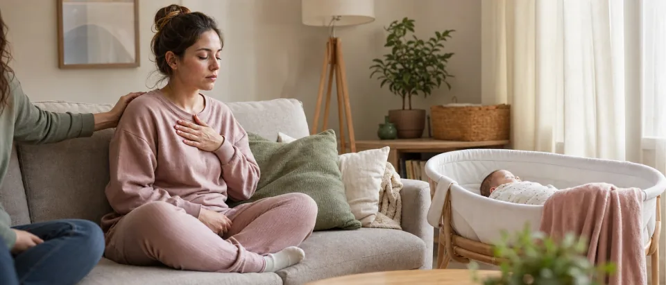 Calm Doola Learn postpartum scene with a parent stepping aside beside a crib and support phone.