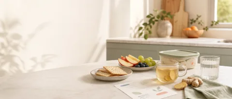 Calm kitchen counter with crackers, fruit, ginger tea, water, and a simple meal planning note for pregnancy cravings and food aversions.