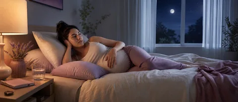 Calm nighttime bedroom scene with pregnancy pillows, water, notebook, and soft lamp light for a pregnancy insomnia guide.