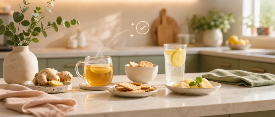 Pregnant person with ginger tea, crackers, lemon, and water in a calm kitchen scene.