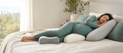 Pregnant person side sleeping with a body pillow, wedge pillow, and knee support pillow in a calm bedroom.