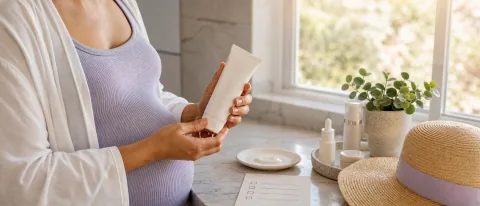 Pregnant person holding a plain sunscreen tube beside a skincare checklist, sun hat, and bathroom vanity in warm natural light.