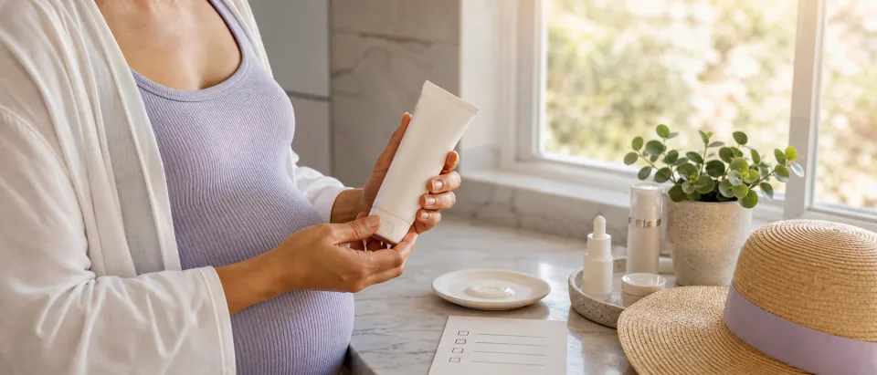 Pregnant person holding a plain sunscreen tube beside a skincare checklist, sun hat, and bathroom vanity in warm natural light.
