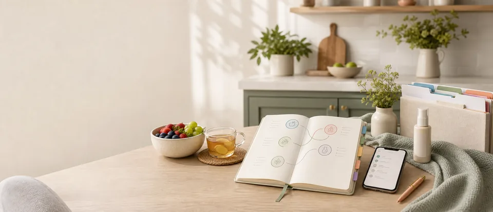 Calm desk and kitchen workspace with a source-map notebook, phone checklist, washed fruit, ginger tea, and skincare bottle for trusted pregnancy safety sources.
