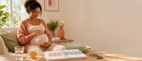 Pregnant person reviewing a calm week-by-week symptoms planner at home with water, tea, and a phone nearby.