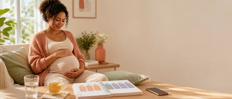 Pregnant person reviewing a calm week-by-week symptoms planner at home with water, tea, and a phone nearby.