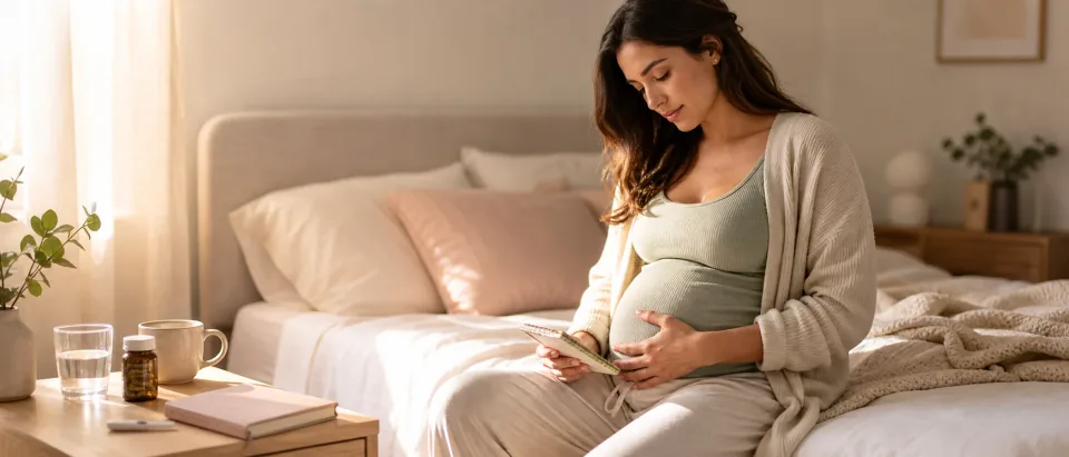 Early pregnant woman sitting calmly in a soft bedroom with a notebook and water glass.