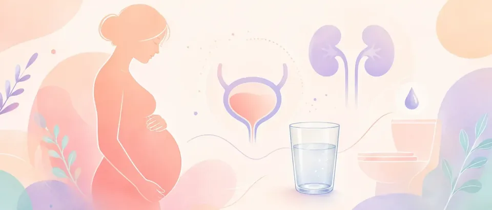 Abstract pregnancy illustration showing hydration, bathroom trips, and bladder pressure.
