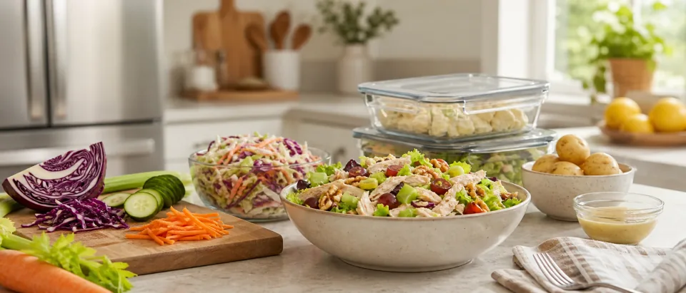 Clean kitchen counter with homemade chicken salad, coleslaw ingredients, potato salad prep, covered containers, and refrigerated storage cues.