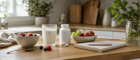 Calm kitchen counter with yogurt, kefir, a plain supplement bottle, fruit, and a notebook for pregnancy label checks.