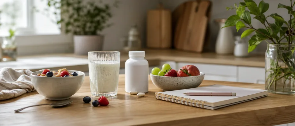 Calm kitchen counter with yogurt, kefir, a plain supplement bottle, fruit, and a notebook for pregnancy label checks.