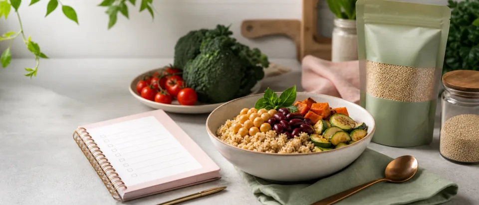 Warm cooked quinoa bowl with vegetables, beans, and a clean spoon on a calm kitchen counter.