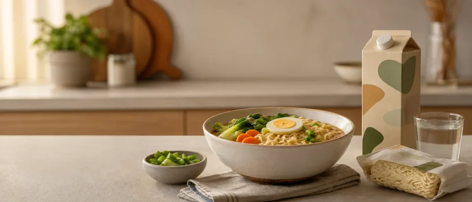 Editorial ramen bowl with steaming broth, noodles, cooked egg, vegetables, and seasoning packet cues.