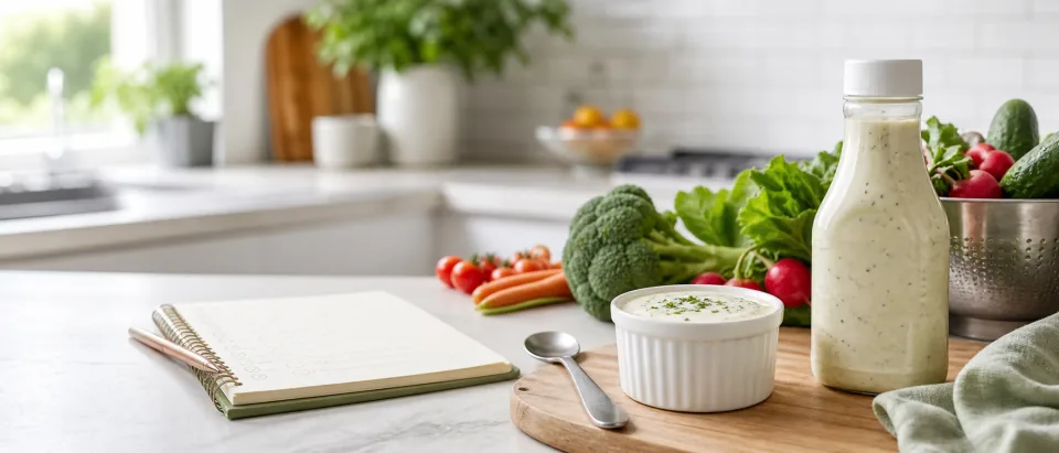 Creamy ranch dressing beside washed vegetables and a blank label bottle on a calm kitchen counter.