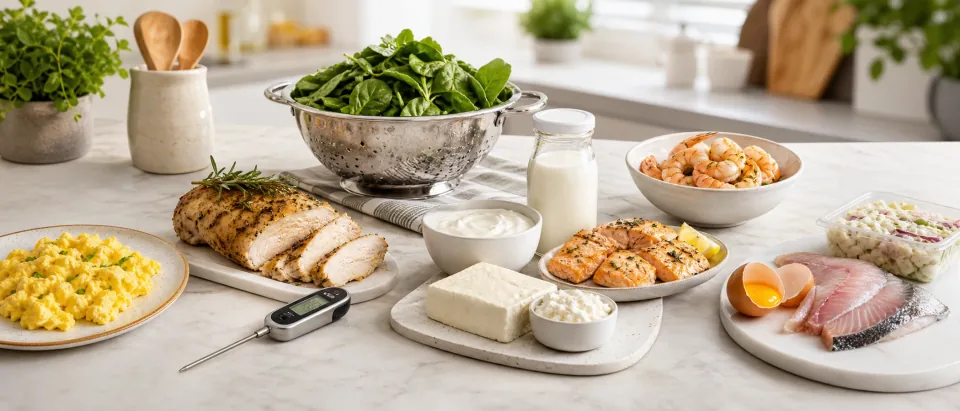 Editorial pregnancy food-safety kitchen scene with cooked eggs, food probe, washed greens, pasteurized dairy, cooked seafood, and raw foods set aside.