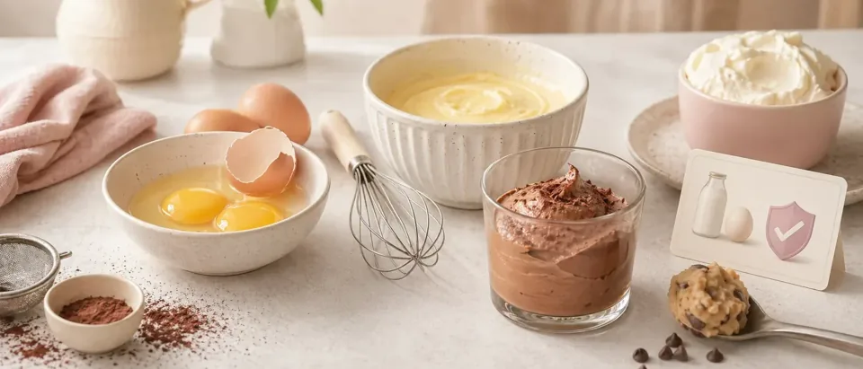 Editorial kitchen scene with eggs, mousse, cookie dough, and pregnancy food-safety cues.