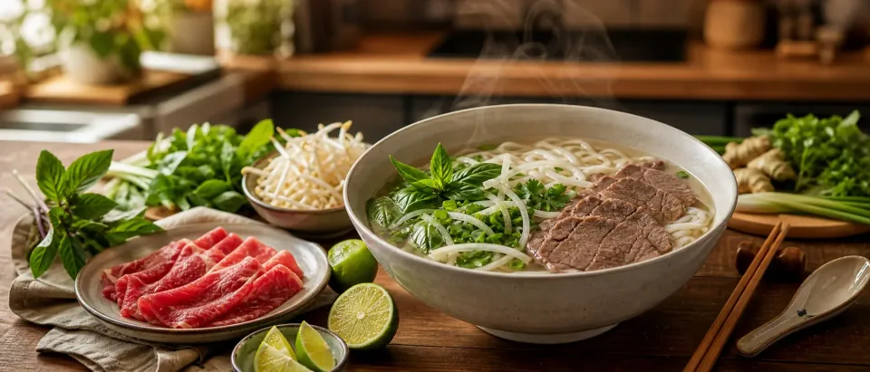 Bowl of bean sprouts beside a steaming cooked vegetable dish on a clean kitchen counter.