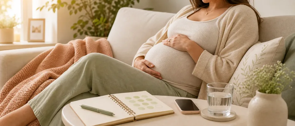 Pregnant person seated calmly with hands on belly, phone nearby, and soft clinician-call visual cue.