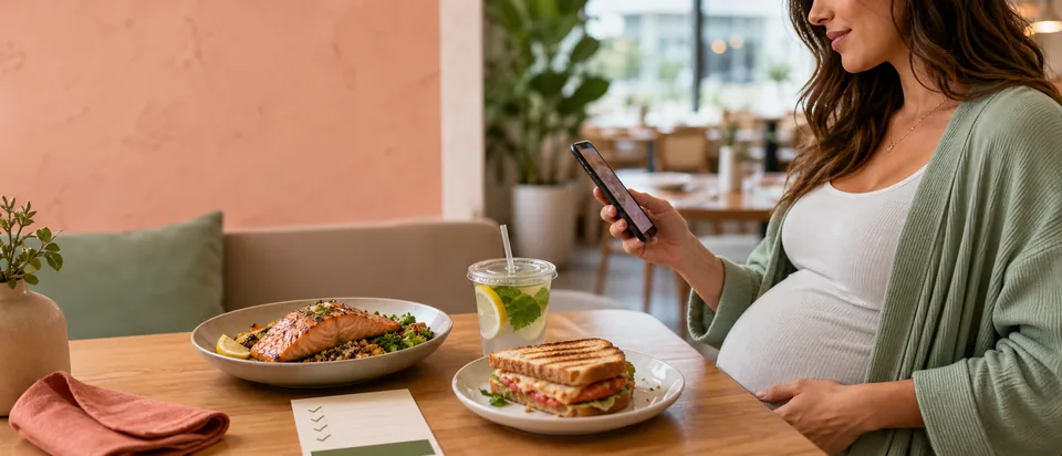 Pregnant person reviewing a restaurant menu with a toasted sandwich, cooked seafood bowl, drink, and food-safety checklist.