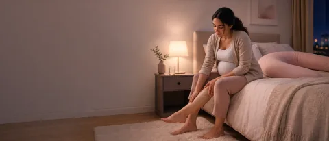 Pregnant person sitting on a bed at night and gently massaging her lower leg.