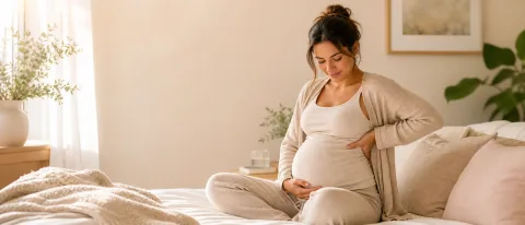 Pregnant woman resting in a calm bedroom while gently supporting her rib area.