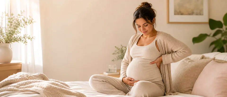 Pregnant woman resting in a calm bedroom while gently supporting her rib area.