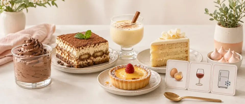 Editorial dessert table with mousse, tiramisu, custard, eggnog, and pregnancy food-safety cues.